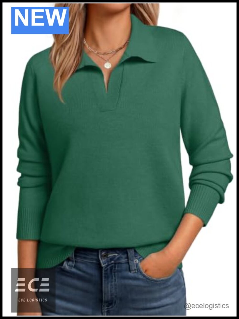 Women's Long Sleeve Collared Polo Sweater Ribbed Knit Pullover